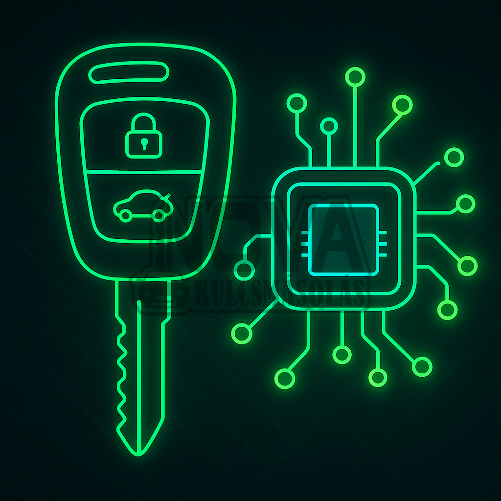 Chipes kulcs, bicskakulcs és Keyless Go – illusztráció neon stílusban